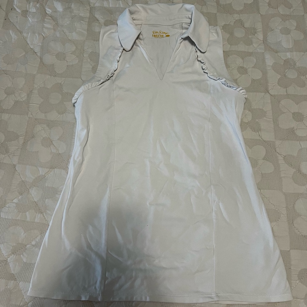 Lilly Pulitzer White Martina Ruffle Women’s Sleeveless Golf Polo.